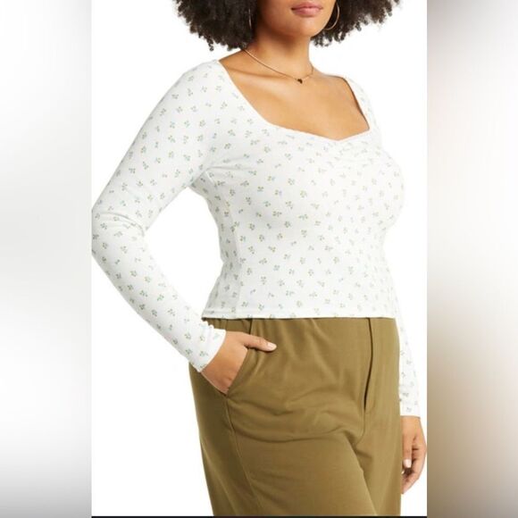 BP. NWT Floral Print Thermal Long Sleeve Baby Tee in Ivory Blue Rosette Ditsy 4X - Picture 1 of 14